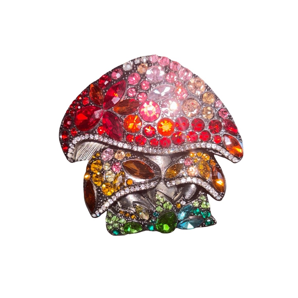 Multicolor Rhinestone Mushroom Brooch Pin Silver Tone Cottagecore Jewelry